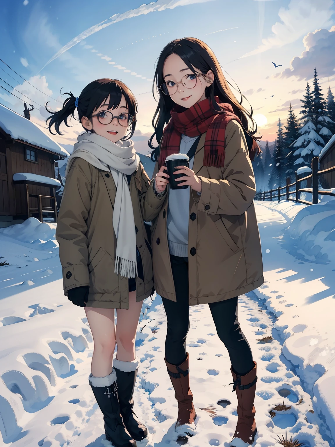 masterpiece，  best quality，High image quality，( super flat ， Flat Shading )， Fisheye Lens  ，Beautiful petite trained young mother and her very cute little training daughter:1.25， warm scarf，(naked)，Long Hair，Glasses， boots，smile, smile，White Breath，fun, play, winter, snow, 新snow，At dusk，Beautiful sunset，Wide angle,   bright color , watercolor, Ghibli style，Strong winds，Girl&#39;s&#39;lure，