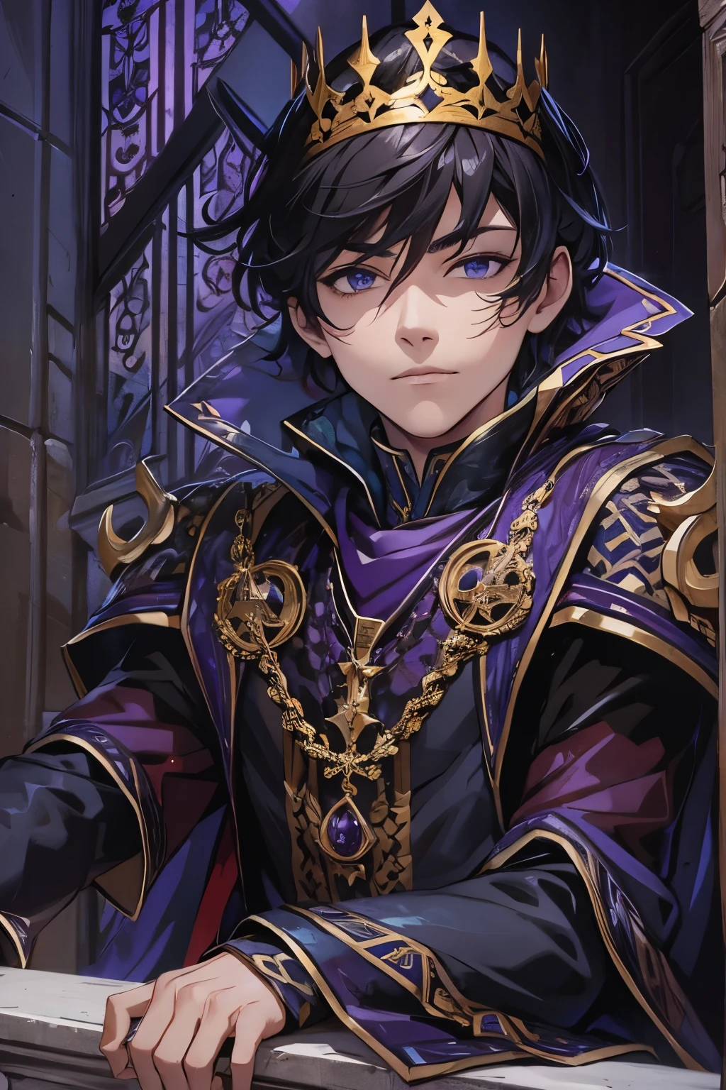 dark-haired male boy with amethyst eyes, dark medieval prince clothes , Gilded laments, on the outside balcony of a castle