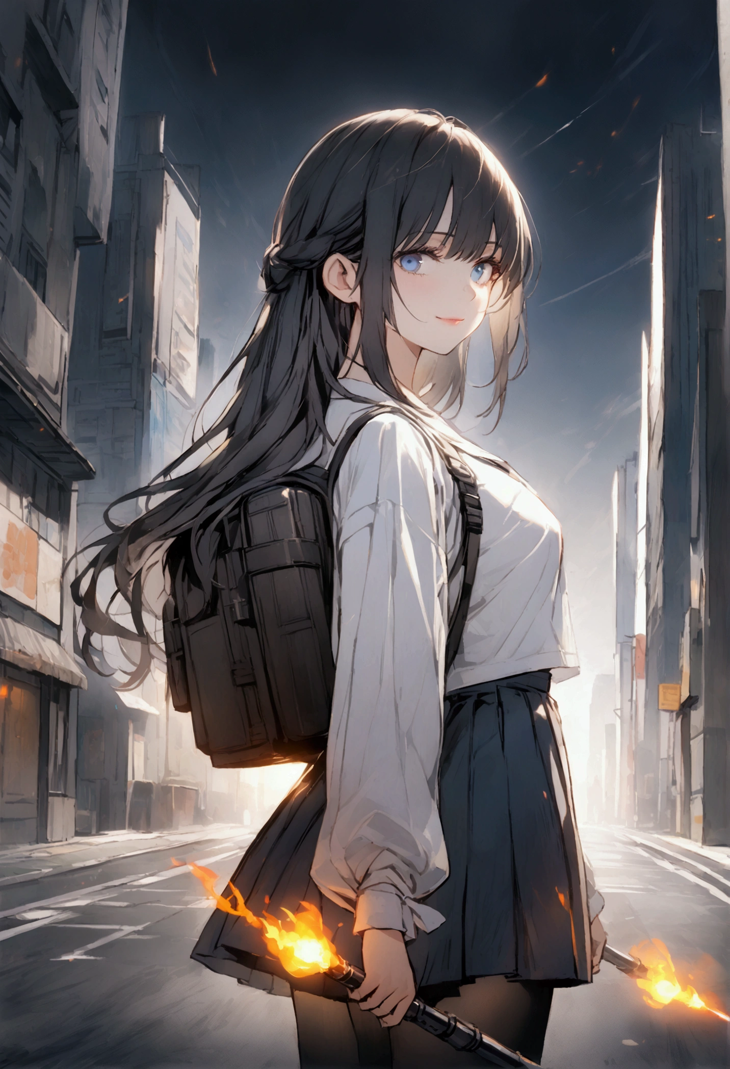 Girl. Long black straight hair. Blue eyes with a depth of suffering. Delicate features. Lips curled into a slight smile. Wearing a dark blue suit with a white shirt and black tie. Dark blue short shorts and black pantyhose. Equipped with dual flamethrowers attatched to her wrists and carries a fuel tank backpack. Standing up straight. Background is a city street.