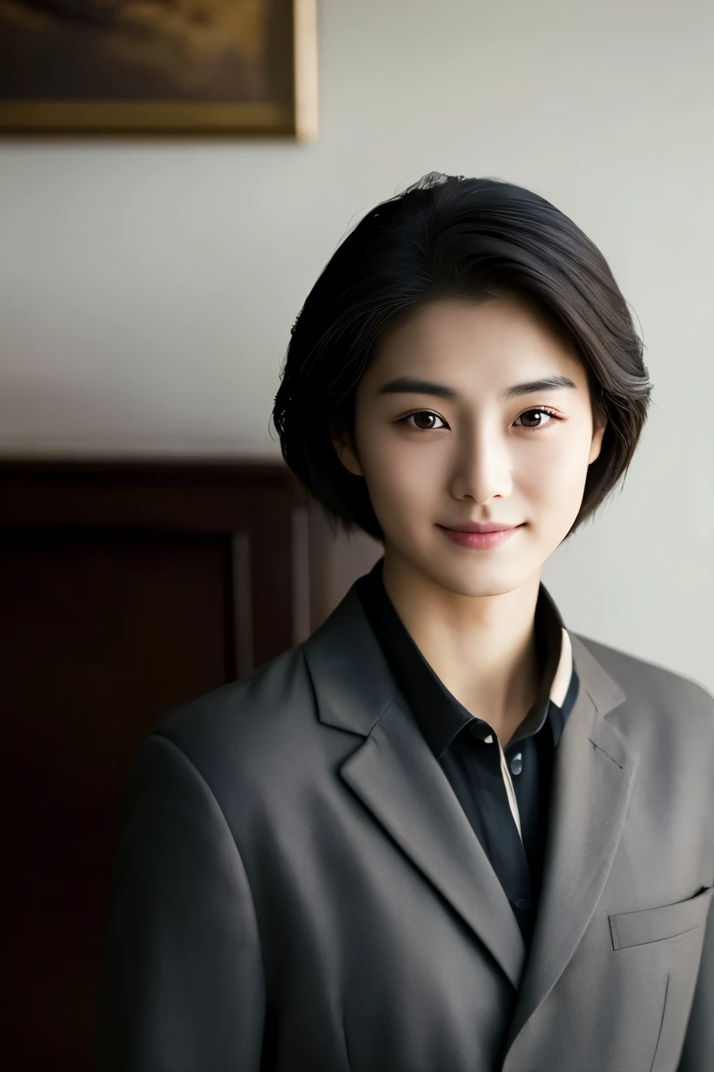  Portrait Photography ，  A handsome young Chinese man  ， 20-year-old head ， Dark brown short hair ， light beard ， Thick eyebrows ，  Deep and expressive eyes  ， nose slightly high ，  Calm and calm spirit  ，  Naturally divided Layered and well-groomed hairstyle  ，  wears a dark suit and black shirt  ， Simple and elegant style ，  The overall image is a bit like a young Liu Dewar  ，   Confident standing   ，  double pockets  ，Smile，  exudes mature confidence  ，  Typical oriental face features  ，  A concise gray gradient background accentuates facial features and three-dimensional details， taken from a flat perspective ，Shallow depth of field，  rich skin details  ， Indoor shooting  ，  Canon EOS R5 camera  ，  Kodak Eka Tar 100 fils  ，Superrealistic ，}  cinematic feel — style raw —s 400—ar 4  :3-v 6  ， women's breast F cup 