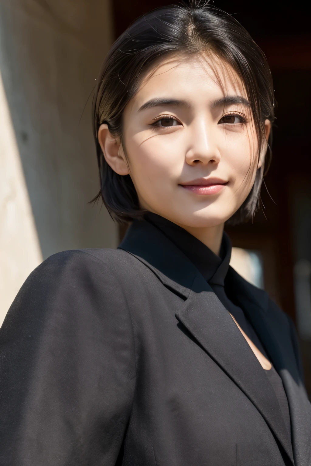  Portrait Photography ，  A handsome young Chinese man  ， 20-year-old head ， Dark brown short hair ， light beard ， Thick eyebrows ，  Deep and expressive eyes  ， nose slightly high ，  Calm and calm spirit  ，  Naturally divided Layered and well-groomed hairstyle  ，  wears a dark suit and black shirt  ， Simple and elegant style ，  The overall image is a bit like a young Liu Dewar  ，   Confident standing   ，  double pockets  ，Smile，  exudes mature confidence  ，  Typical oriental face features  ，  A concise gray gradient background accentuates facial features and three-dimensional details， taken from a flat perspective ，Shallow depth of field，  rich skin details  ， Indoor shooting  ，  Canon EOS R5 camera  ，  Kodak Eka Tar 100 fils  ，Superrealistic ，}  cinematic feel — style raw —s 400—ar 4  :3-v 6  ， women's breast F cup 