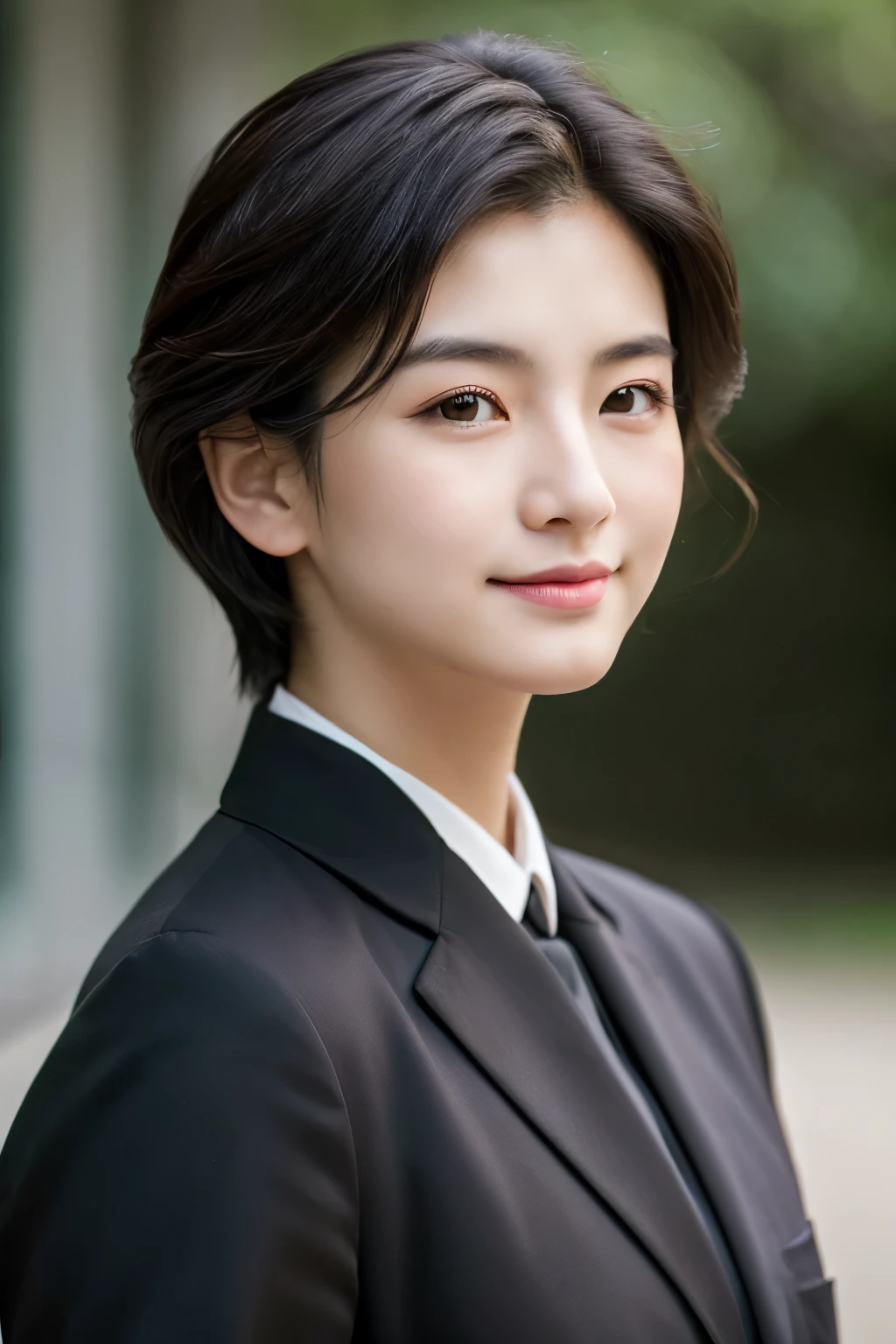  Portrait Photography ，  A handsome young Chinese man  ， 20-year-old head ， Dark brown short hair ， light beard ， Thick eyebrows ，  Deep and expressive eyes  ， nose slightly high ，  Calm and calm spirit  ，  Naturally divided Layered and well-groomed hairstyle  ，  wears a dark suit and black shirt  ， Simple and elegant style ，  The overall image is a bit like a young Liu Dewar  ，   Confident standing   ，  double pockets  ，Smile，  exudes mature confidence  ，  Typical oriental face features  ，  A concise gray gradient background accentuates facial features and three-dimensional details， taken from a flat perspective ，Shallow depth of field，  rich skin details  ， Indoor shooting  ，  Canon EOS R5 camera  ，  Kodak Eka Tar 100 fils  ，Superrealistic ，}  cinematic feel — style raw —s 400—ar 4  :3-v 6  ， women's breast F cup 