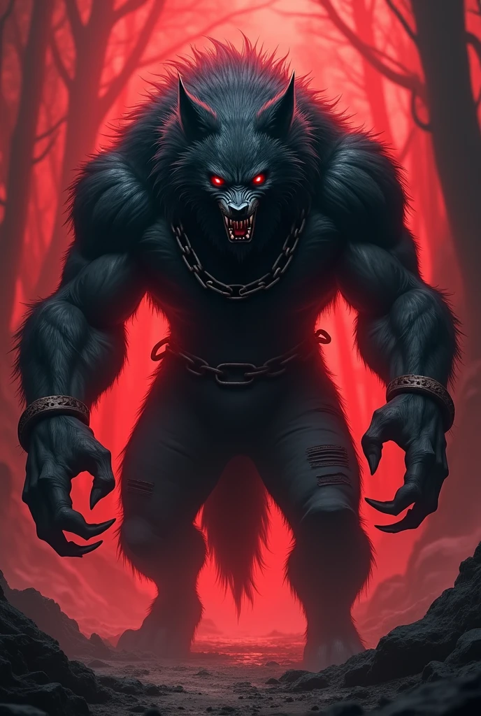 Lobisomem Crinos, pelagem negra, correntes no pescoço,Eyes red,Sharp claws, muscle , red and black scenery,Ripped black pants,