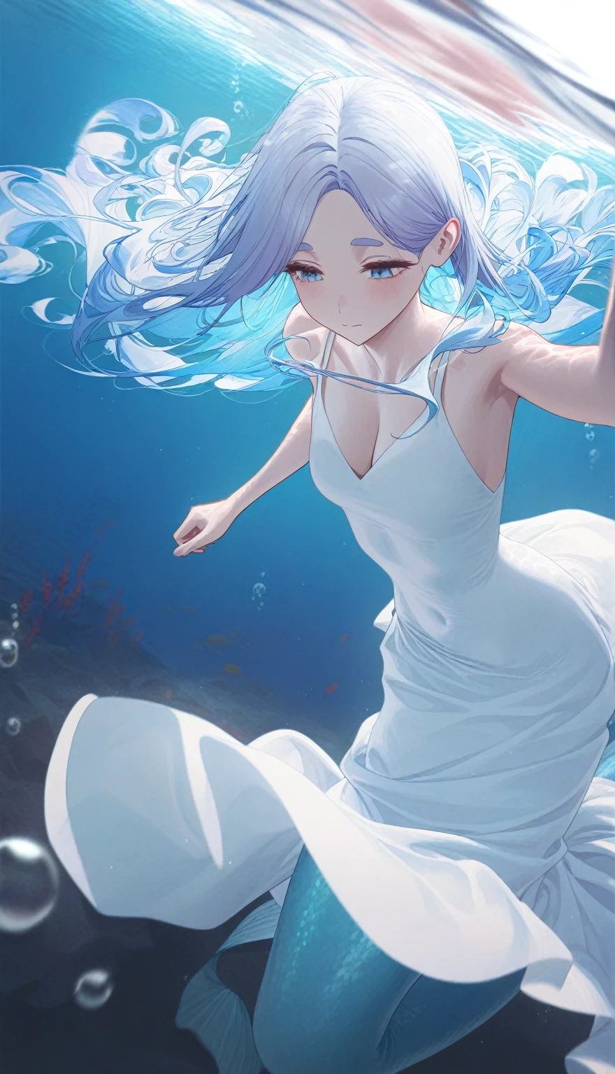 1girls, (wanke:0,7), \(uten cancel\), (ask \(askzy\):0.7), underwater , airseal, (modare:0.6), fullbody , worry , white sun dress , lace , floating hair, mermaid , light blue hair, long curly hair, Help the drowning man, the black-haired man,  angle, depth of field, cinematic, motion blur, masterpiece, best quality, good quality, newest