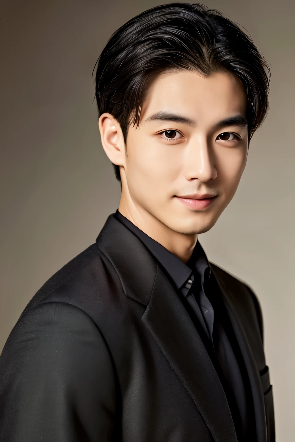  Portrait Photography ，  A handsome young Chinese man  ， 20-year-old head ， Dark brown short hair ， light beard ， Thick eyebrows ，  Deep and expressive eyes  ， nose slightly high ，  Calm and calm spirit  ，  Naturally divided Layered and well-groomed hairstyle  ，  wears a dark suit and black shirt  ， Simple and elegant style ，  The overall image is a bit like a young Liu Dewar  ，   Confident standing   ，  double pockets  ，Smile，  exudes mature confidence  ，  Typical oriental face features  ，  A concise gray gradient background accentuates facial features and three-dimensional details， taken from a flat perspective ，Shallow depth of field，  rich skin details  ， Indoor shooting  ，  Canon EOS R5 camera  ，  Kodak Eka Tar 100 fils  ，Superrealistic ，}  cinematic feel — style raw —s 400—ar 4  :3-v 6  ， women's breast F cup 