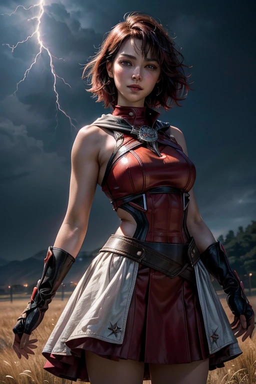 srwby, short hair, black hair, red hair, t-shirt, skirt, gradient hair, grey eyes, smile, standing outside, (cowboy shot), dynamic pose, standing in a field, in a traveling circus, big top, crowd (night, stars, lightning), intricate details, tonemapping, sharp focus, hyper detailed, (masterpiece,stunning girlfriend, heart shaped face, elegant face, beautiful face, highly detailed face, highly detailed skin, skin pores, subsurface scattering, realistic pupils, looking at viewer, full lips, detailed background, depth of field, atmospheric perspective, volumetric lighting, sharp focus, absurdres, realistic proportions, good anatomy, (realistic, hyperrealistic:1.4), 16k hdr,