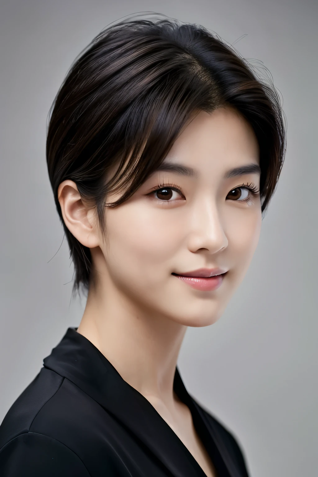  Portrait Photography ，  A handsome young Chinese man  ， 20-year-old head ， Dark brown short hair ， light beard ， Thick eyebrows ，  Deep and expressive eyes  ， nose slightly high ，  Calm and calm spirit  ，  Naturally divided Layered and well-groomed hairstyle  ，  wears a dark suit and black shirt  ， Simple and elegant style ，  The overall image is a bit like a young Liu Dewar  ，   Confident standing   ，  double pockets  ，Smile，  exudes mature confidence  ，  Typical oriental face features  ，  A concise gray gradient background accentuates facial features and three-dimensional details， taken from a flat perspective ，Shallow depth of field，  rich skin details  ， Indoor shooting  ，  Canon EOS R5 camera  ，  Kodak Eka Tar 100 fils  ，Superrealistic ，}  cinematic feel — style raw —s 400—ar 4  :3-v 6  ， women's breast F cup 