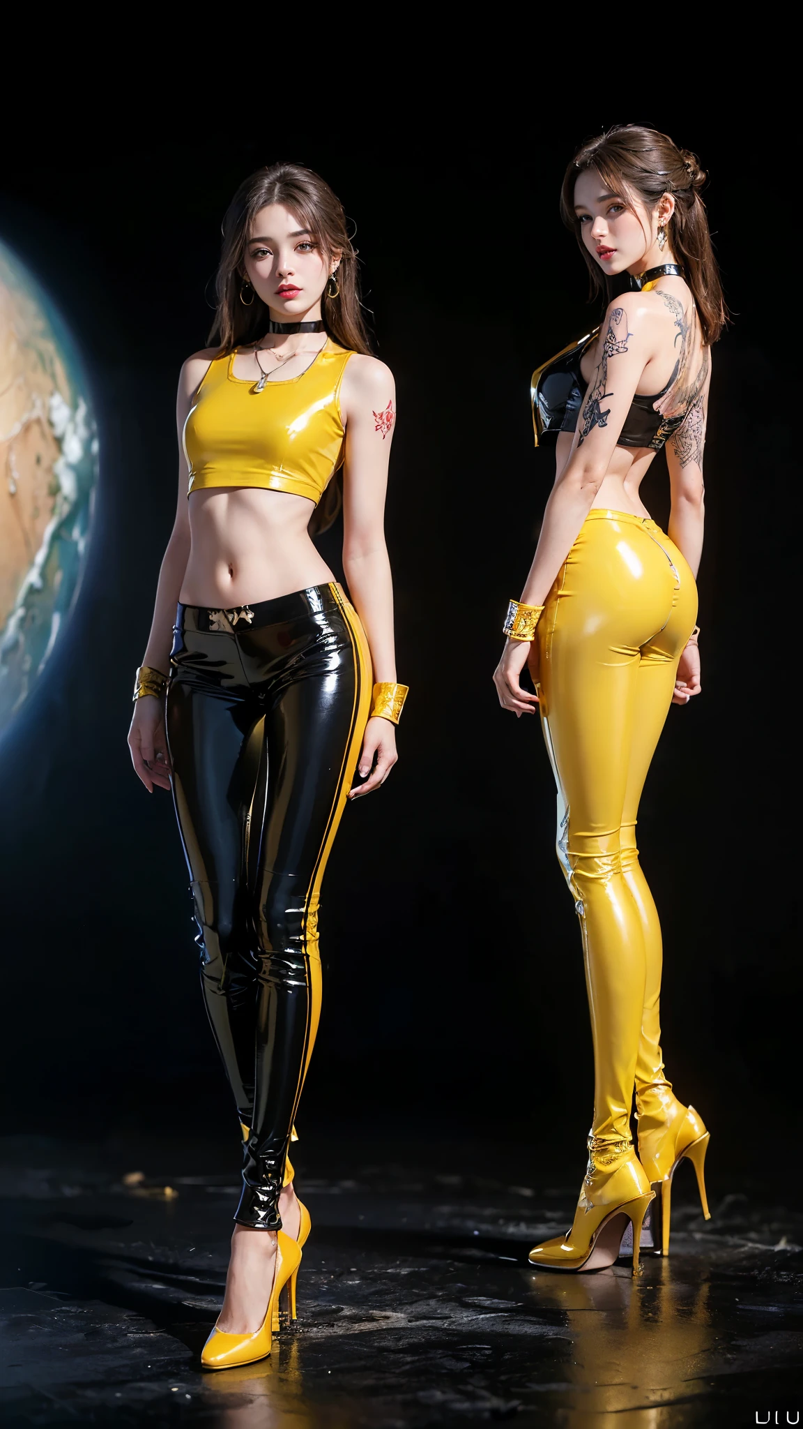((masterpiece:1.4)、(highest quality:1.4)、(realistic:1.7))、master piece:1.4、(Finest rendering:1.4)、(Yuki, the beautiful navigator of Space Battleship Hikari:1.4)、Super beautiful航海士Yuki、(Written by Luis Royo:1.4)、(Uniforms that highlight your beautiful style:1.2)、(Futuristic sci-fi battle fashion:1.2)、(street style wear)、(tight fit pants)、(Luxurious shiny latex:1.4)、(luxury yellow latex:1.4)、19 years old、(cute tattoo:1.4)、(wearing yellow gloves)、cute girl、Super beautiful、(seductive pose)、sharp focus、portrait photography:1.4、8k、realistic photo images:1.4、(perfect female body:1.4)、perfect proportions、(standing:1.4)、(full body photography:1.4)、beautiful face、fearless look、beautiful eyes、(A girl with a beautiful body that emphasizes her slender abdominal muscles)、narrow waist、(9 life size beautiful style girl)、(Beautiful girl with long legs and good style:1.4)、beautiful feet、(long hair:1.2)、dark makeup、eye shadow、Glow eye、glow lip、beautiful breasts、big breasts:1.2、sexy butt、(standing facing forward:1.4)、Raw photo、red lips、yellow high heels:1.4、choker:1.4、necklace:1.4、earrings:1.4、1 screen display、Space Battleship Hikari's bridge:1.2