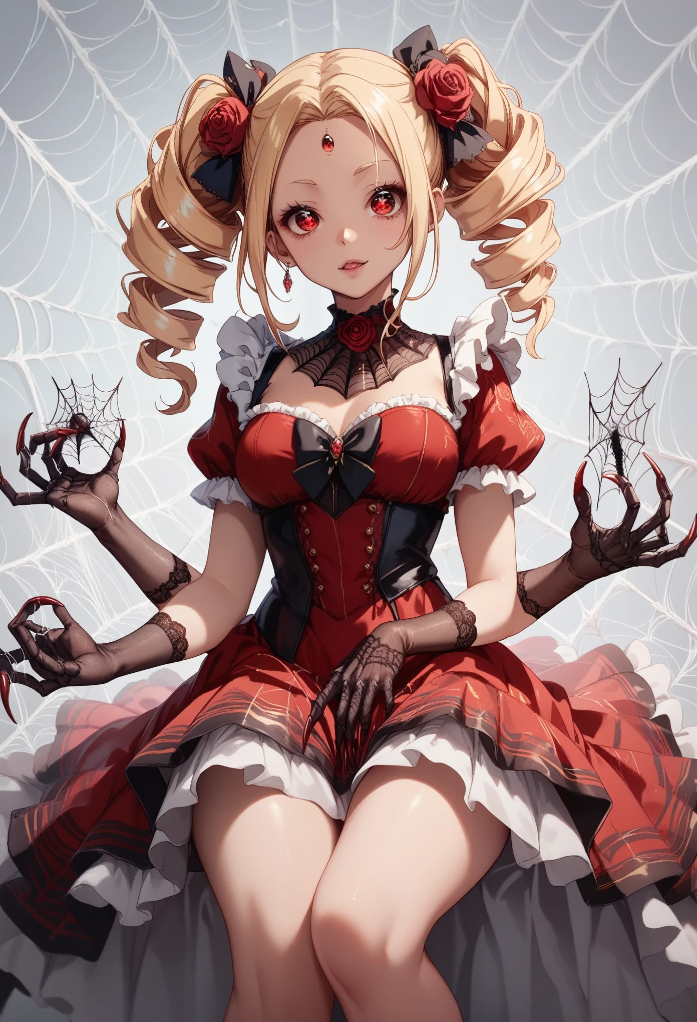 Spider girl. Lady. Twin drill hair. Blonde hair. Red eyes. Horror eyes. Black and red dress. Frills. Dark fantasy. Multiple arms. Sharp claws. Bio-armor chest. Spider web dress. Insect legs. Lace gloves. Spider eyes on forehead. Scornful expression. Rose flower.