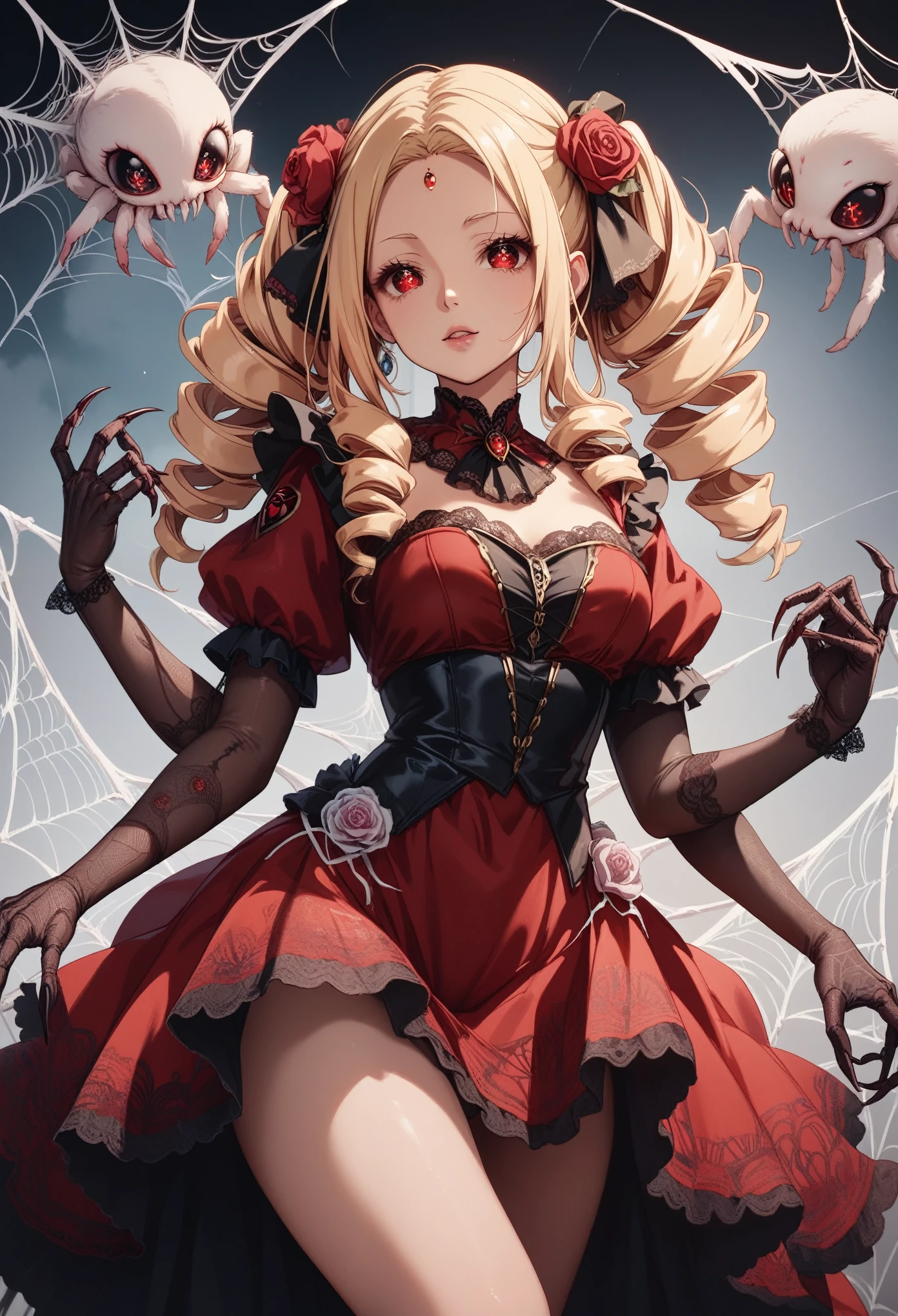 Spider girl. Lady. Twin drill hair. Blonde hair. Red eyes. Horror eyes. Black and red dress. Frills. Dark fantasy. Multiple arms. Sharp claws. Bio-armor chest. Spider web dress. Insect legs. Lace gloves. Spider eyes on forehead. Scornful expression. Rose flower.