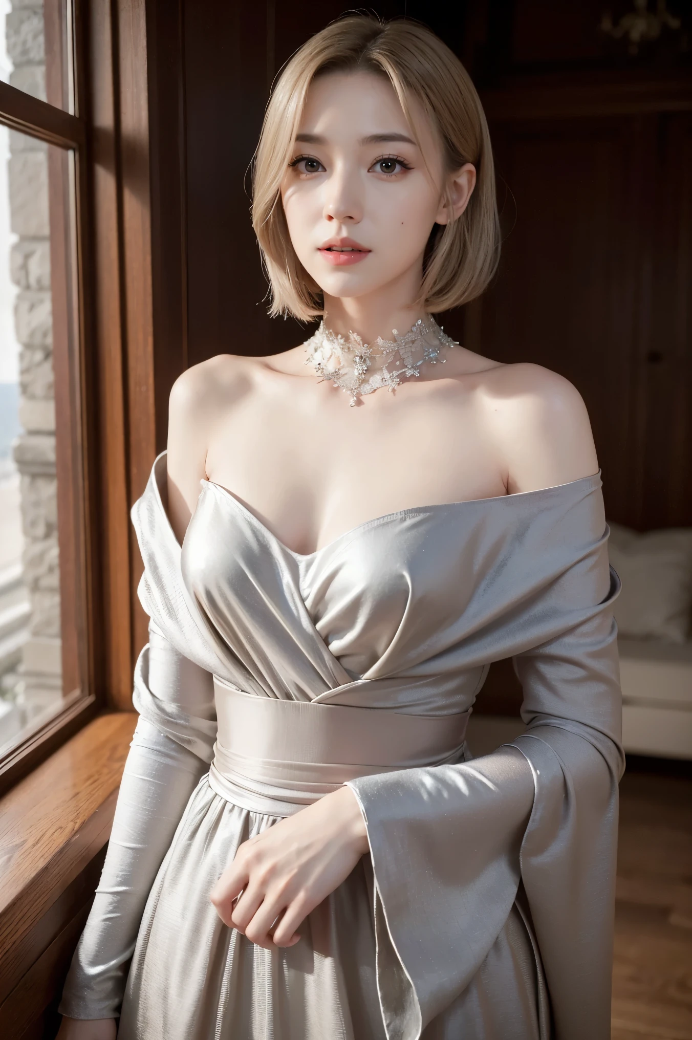 photorealistic pretty woman with a silver-taupe bob, highneck dress, covered flat chest, thin waist, 8k, medieval castle, A beautiful adult woman with a soft face, perfect brown eyes, detailed face, long eyelashes, wearing modest bard clothes, realistic lighting, dramatic night scene, (best quality,4k,8k,highres,masterpiece:1.2),ultra-detailed,(realistic,photorealistic,photo-realistic:1.37),cinematic,dramatic,moody,warm light, 