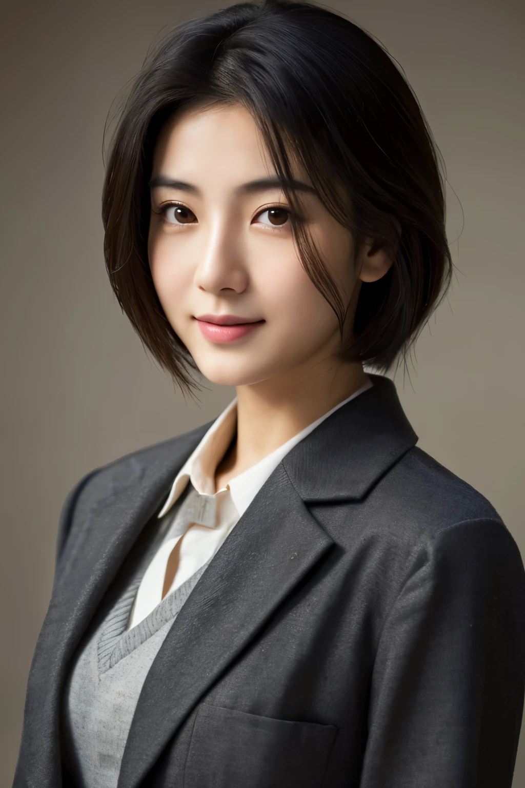  Portrait Photography ，  A handsome young Chinese man  ， 20-year-old head ， Dark brown short hair ， light beard ， Thick eyebrows ，  Deep and expressive eyes  ， nose slightly high ，  Calm and calm spirit  ，  Naturally divided Layered and well-groomed hairstyle  ，  wears a dark suit and black shirt  ， Simple and elegant style ，  The overall image is a bit like a young Liu Dewar  ，   Confident standing   ，  double pockets  ，Smile，  exudes mature confidence  ，  Typical oriental face features  ，  A concise gray gradient background accentuates facial features and three-dimensional details， taken from a flat perspective ，Shallow depth of field，  rich skin details  ， Indoor shooting  ，  Canon EOS R5 camera  ，  Kodak Eka Tar 100 fils  ，Superrealistic ，}  cinematic feel — style raw —s 400—ar 4  :3-v 6  ， women's breast F cup 