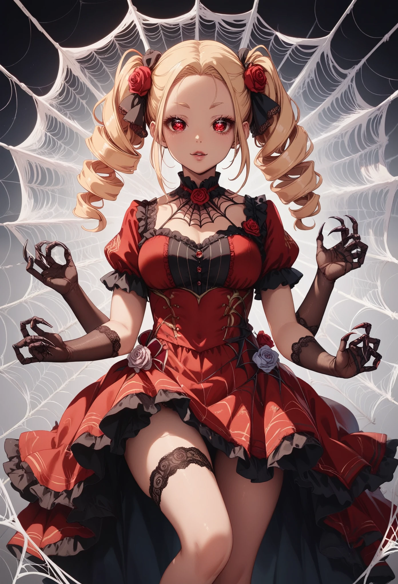 Spider girl. Lady. Twin drill hair. Blonde hair. Red eyes. Horror eyes. Black and red dress. Frills. Dark fantasy. Multiple arms. Sharp claws. Bio-armor chest. Spider web dress. Insect legs. Lace gloves. Spider eyes on forehead. Scornful expression. Rose flower.