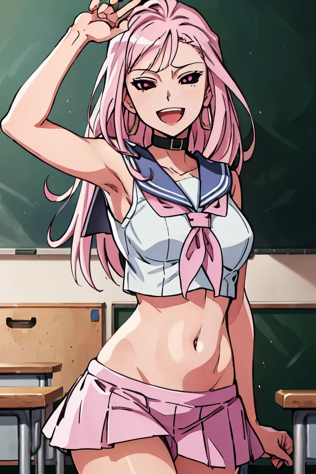 1girl, takako_uro,  long hair, pink eyes, choker, jewelry, masterpiece, best quality, highly detailed, a anime girls in sailor uniforms with a gun posing for a picture,
evil smile, smile, open mouth,black_serafuku, ecchi anime style, anime girls , (nsfw) not safe for work,
ecchi style, ecchi, shipgirls, digital anime art!!, high school girls, in anime style, official artwork, beautiful
anime high school girl, anime style 4 k, micro skirt, exposed belly, exposed navel, exposed midriff,
exposed lower belly,school, classroom , lipstick,