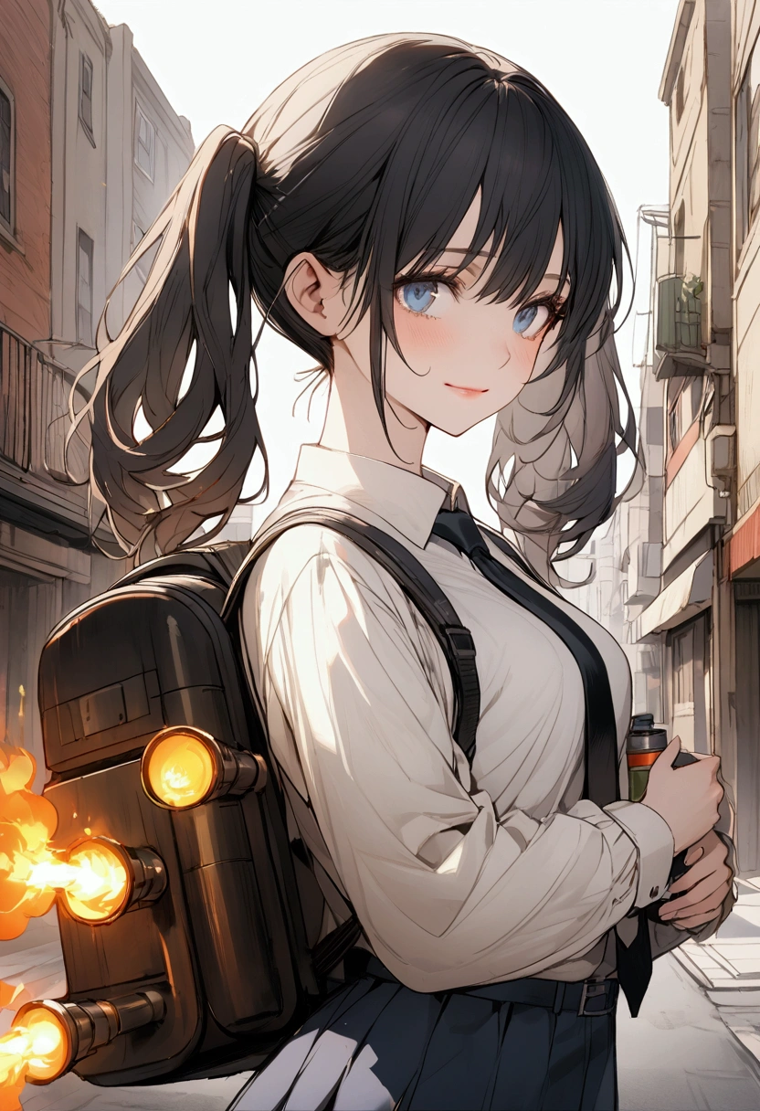 Girl. Short black straight hair with two pigtails. Blue eyes with a depth of suffering. Delicate features. Lips curled into a slight smile. Wearing a dark blue suit with a white shirt and black tie. Dark blue short shorts and black pantyhose. Equipped with dual flamethrowers attatched to her wrists and carries a fuel tank backpack. Standing up straight. Background is a city street.