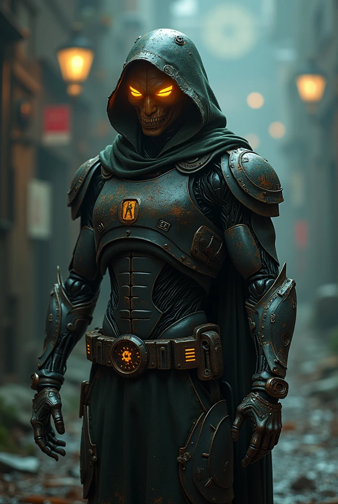 Rusty watch cyberpunk evil robot portrait, dark style, dramatic, extremely detailed, trending on artstation, cinematic look, beautiful composition, ambient light, fog, phenomenal photography, wide angle, 8k, epic, photorealism, ray tracing, sharp focus, depth of field