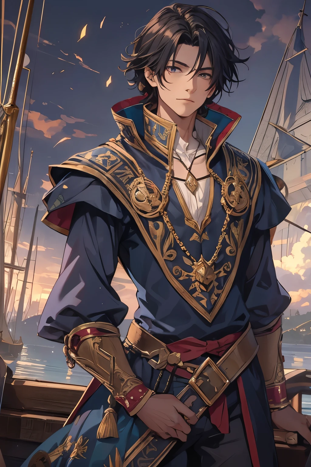 Dark-haired male boy, with amethyst eyes , loose-fitting medieval prince's clothes, Gilded laments, on the bow of a ship