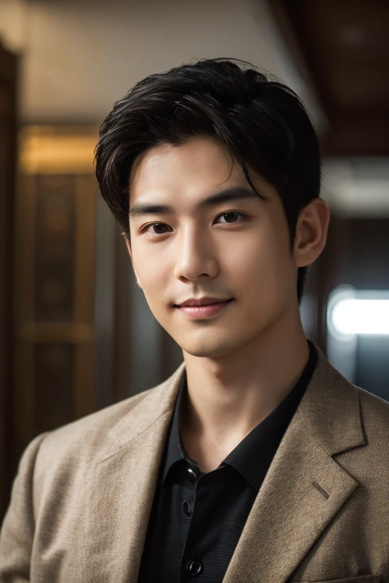  Portrait Photography ，  A handsome young Chinese man  ， 20-year-old head ， Dark brown short hair ， light beard ， Thick eyebrows ，  Deep and expressive eyes  ， nose slightly high ，  Calm and calm spirit  ，  Naturally divided Layered and well-groomed hairstyle  ，  wears a dark suit and black shirt  ， Simple and elegant style ，  The overall image is a bit like a young Liu Dewar  ，   Confident standing   ，  double pockets  ，Smile，  exudes mature confidence  ，  Typical oriental face features  ，  A concise gray gradient background accentuates facial features and three-dimensional details， taken from a flat perspective ，Shallow depth of field，  Rich skin details  ， Indoor shooting  ，  Canon EOS R5 camera  ，  Kodak Eka Tar 100 files  ，Superrealistic ，}  cinematic feel — style raw —s 400—ar 4  :3-v 6   ， women's breast F cup ,Nude only