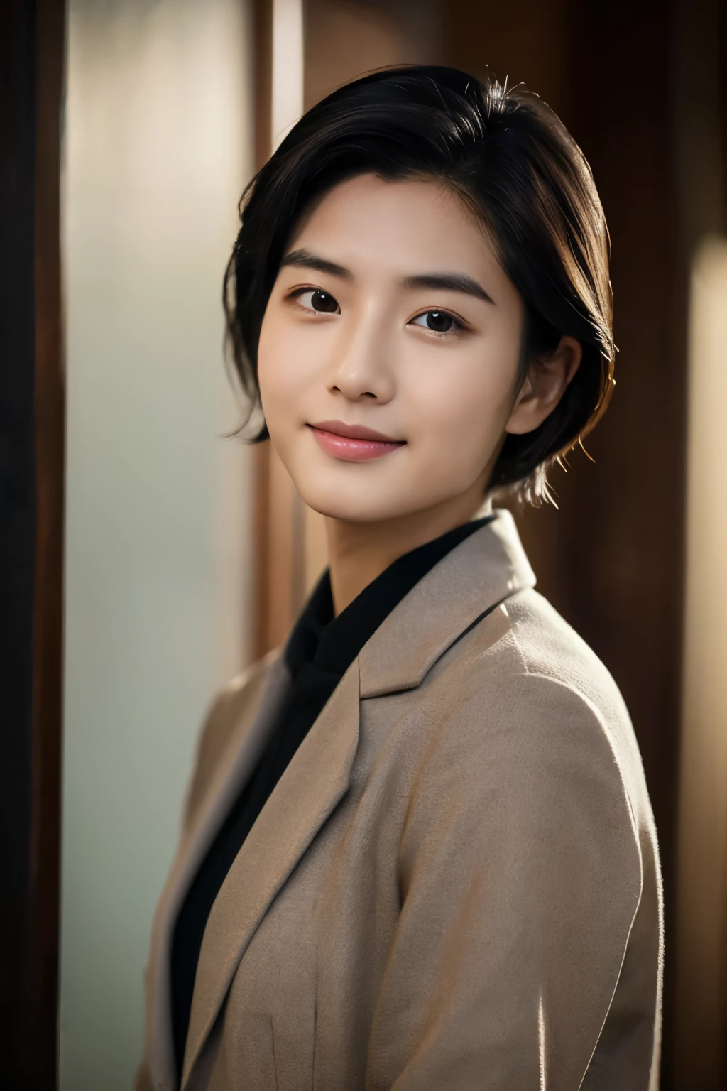  Portrait Photography ，  A handsome young Chinese man  ， 20-year-old head ， Dark brown short hair ， light beard ， Thick eyebrows ，  Deep and expressive eyes  ， nose slightly high ，  Calm and calm spirit  ，  Naturally divided Layered and well-groomed hairstyle  ，  wears a dark suit and black shirt  ， Simple and elegant style ，  The overall image is a bit like a young Liu Dewar  ，   Confident standing   ，  double pockets  ，Smile，  exudes mature confidence  ，  Typical oriental face features  ，  A concise gray gradient background accentuates facial features and three-dimensional details， taken from a flat perspective ，Shallow depth of field，  Rich skin details  ， Indoor shooting  ，  Canon EOS R5 camera  ，  Kodak Eka Tar 100 files  ，Superrealistic ，}  cinematic feel — style raw —s 400—ar 4  :3-v 6   ， women's breast F cup ,Nude only