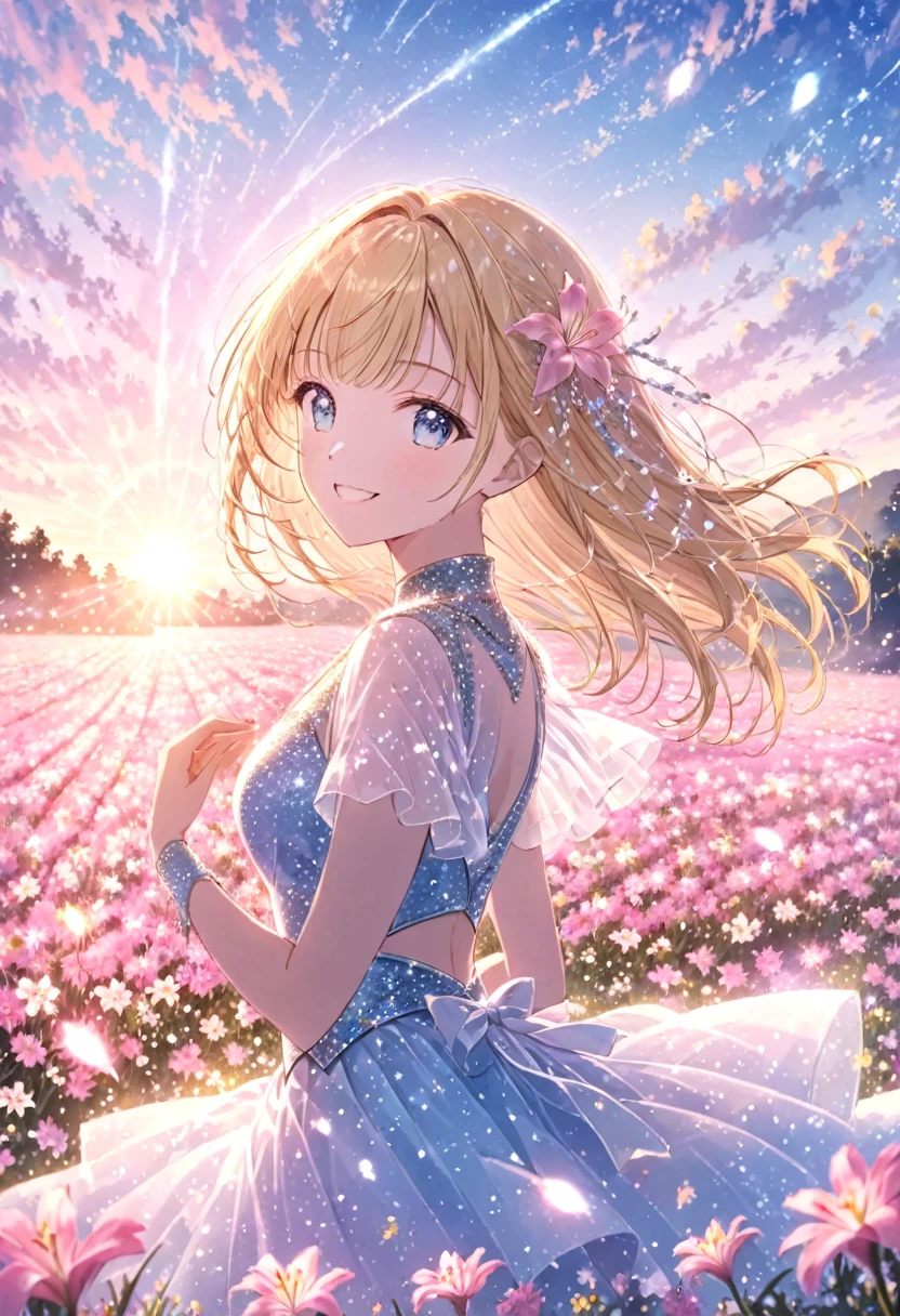 pastel、Glowing Picture  , One Woman , upper body, cowboy shots,Blonde, blue eyes, Dancer Outfits , see here, Smiling Standing in a Field of Flowers ,Nerine's Flowers , Daytime Scenery Happy , Best Moments Seen from afar 