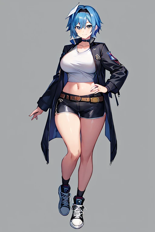 (blank background), (((full body framing))), standing, (masterpiece), (best quality), huge girl, (muscular girl:0.8), (thin hair:1.7), (long blue jeans), massive breast, hair over one eye:1.4, sport bra, (fuchsia hair), belt under navel, sneakers, ((long legs:1.6)), rock band shirt, cute:1.8, adorable:1.8, leather jacket, cyberpunk girl, ear piercings, earrings, tatoo, (very curvy:1.3), 1girl, solo, (curvy:1.4)