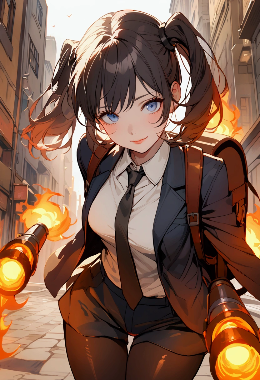 Girl. Short black straight hair with two pigtails. Blue eyes with a depth of suffering. Delicate features. Lips curled into a slight smile. Wearing a dark blue suit with a white shirt and black tie. Dark blue short shorts and black pantyhose. Equipped with dual flamethrowers attatched to her wrists and carries a fuel tank backpack. Standing up straight. Background is a city street.