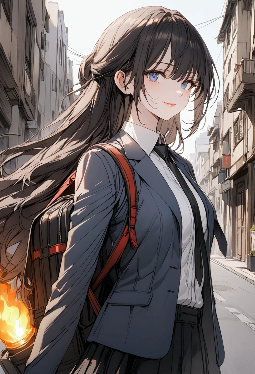 Girl. Long black straight hair. Blue eyes with a depth of suffering. Delicate features. Lips curled into a slight smile. Wearing a dark blue suit with a white shirt and black tie. Dark blue short shorts and black pantyhose. Equipped with dual flamethrowers attatched to her wrists and carries a fuel tank backpack. Standing up straight. Background is a city street.