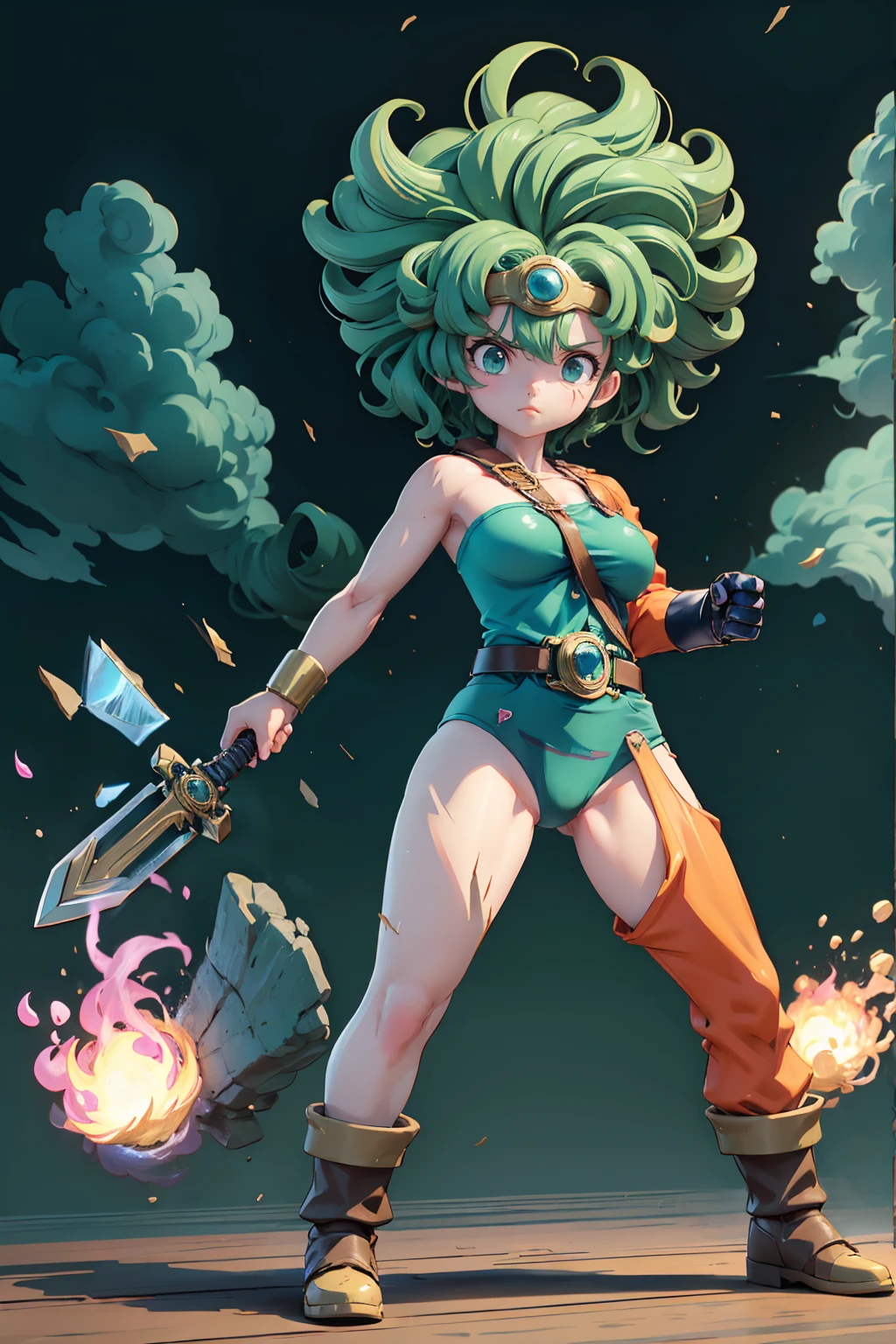   anime artwork　  anime artwork傑作, best quality,    Unreal Engine  , Super wrestless ,   Extremely Detailed
Round Bust  ,   Medium Bust
One Girl  ,   waist, slender,(Muscular:0.9)
 heroine, 
  circlet,   curly hair ,   GREEN HAIR ,   shorthair , asymmetrical clothing,   leotard, belt, single glove, Single sleeve  ,  Thigh High Socks Cave ,  sword, .  Anime Style,   Key Visuals  ,  lively,   Studio Animation  ,    high definition .In flames.On my knees .  leotardが消耗している.  Finally standing supported by a sword.   Exploding in a dying state  . Scars all over the body . Broken Sword .Get punched in the stomach. Cursed Fire  .