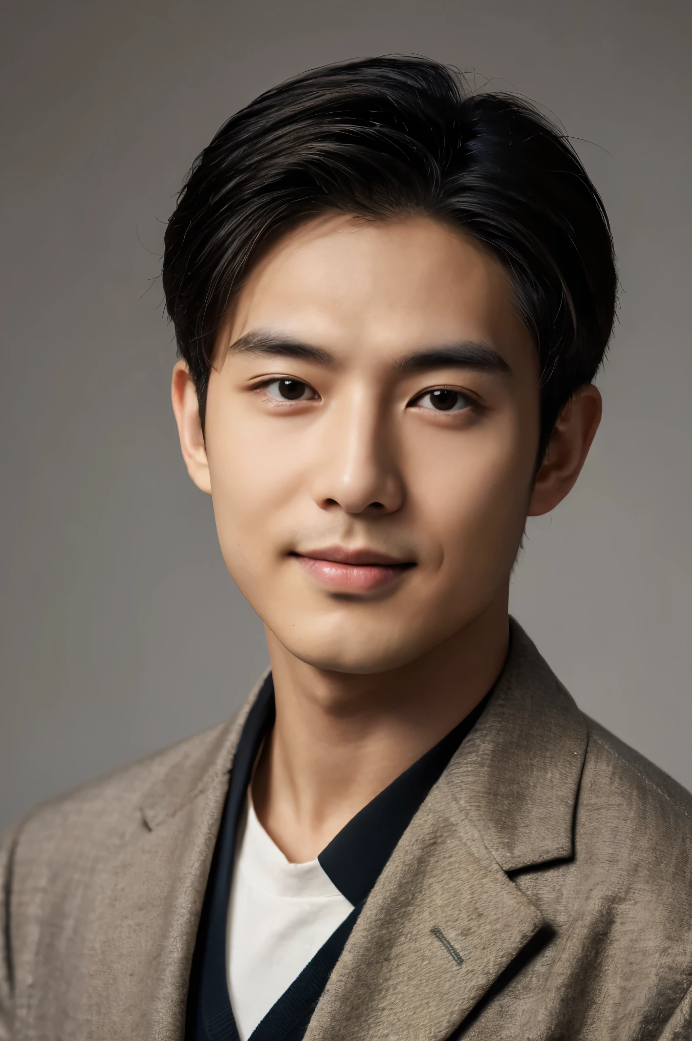  Portrait Photography ，  A handsome young Chinese man  ， 20-year-old head ， Dark brown short hair ， light beard ， Thick eyebrows ，  Deep and expressive eyes  ， nose slightly high ，  Calm and calm spirit  ，  Naturally divided Layered and well-groomed hairstyle  ，  wears a dark suit and black shirt  ， Simple and elegant style ，  The overall image is a bit like a young Liu Dewar  ，   Confident standing   ，  double pockets  ，Smile，  exudes mature confidence  ，  Typical oriental face features  ，  A concise gray gradient background accentuates facial features and three-dimensional details， taken from a flat perspective ，Shallow depth of field，  Rich skin details  ， Indoor shooting  ，  Canon EOS R5 camera  ，  Kodak Eka Tar 100 files  ，Superrealistic ，}  cinematic feel — style raw —s 400—ar 4  :3-v 6   ， women's breast F cup ,Nude only