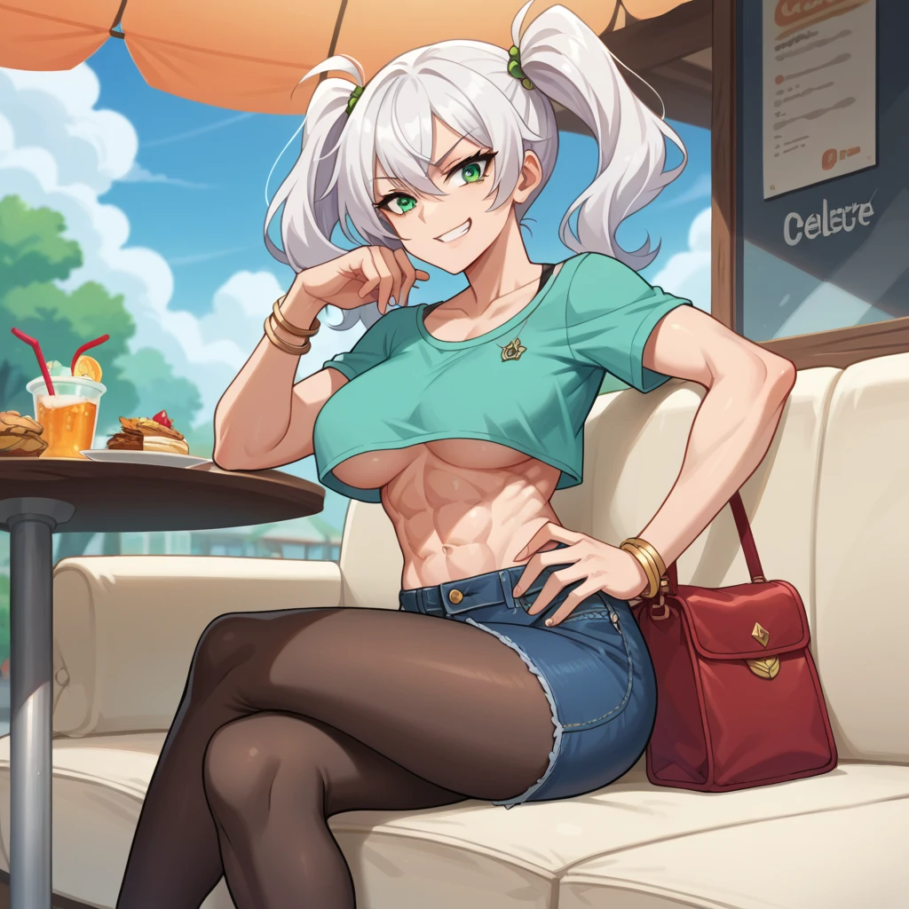 Woman, green eyes, smirk, anime screencap 2d, adult woman, Decollete, , nsfw,  bracelets, handbag , denim skirt, twintails, underboob, pantyhose Arm on hip, abs, Sitting on the sofa in a café  