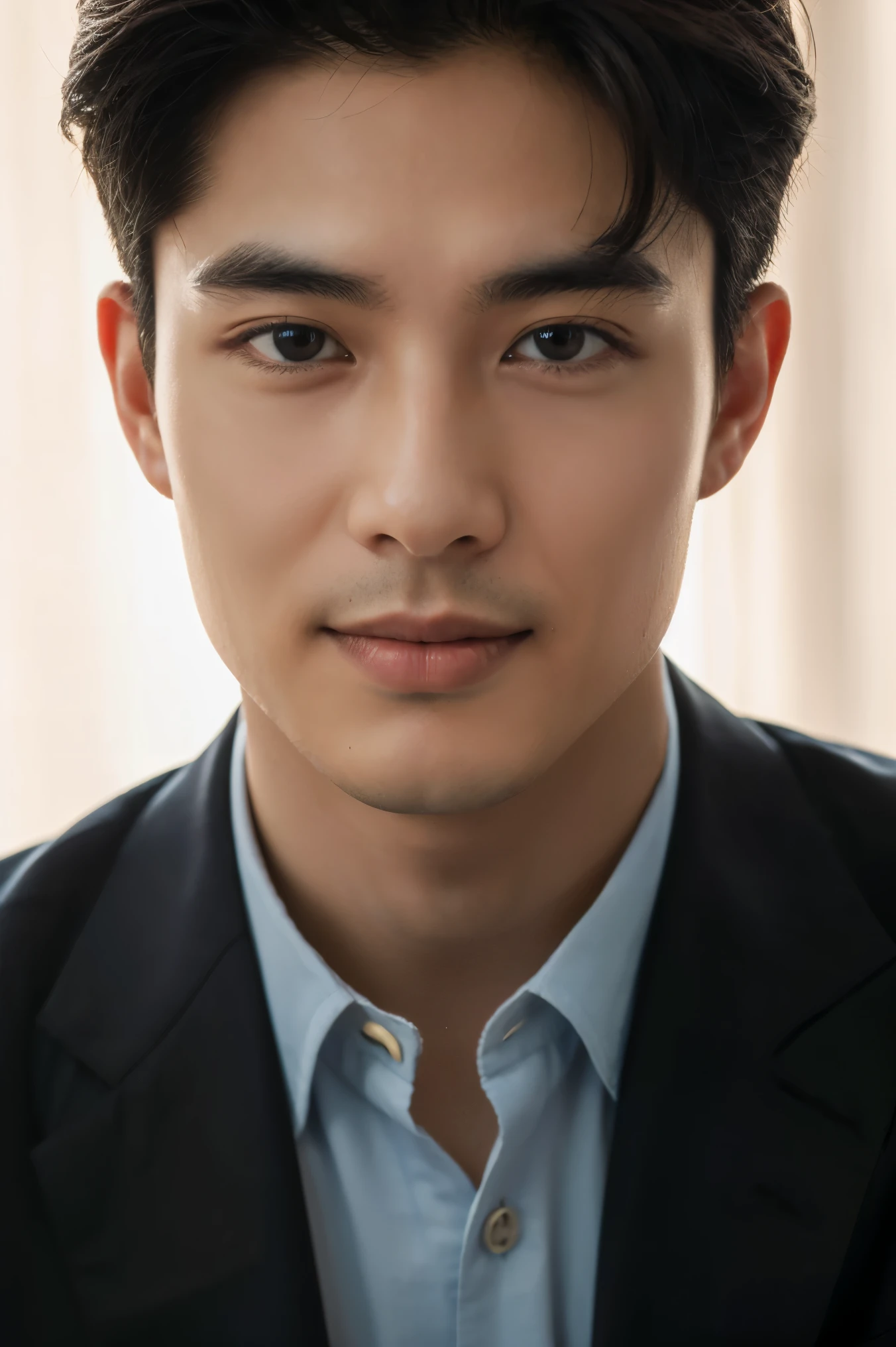  Portrait Photography ，  A handsome young Chinese man  ， 20-year-old head ， Dark brown short hair ， light beard ， Thick eyebrows ，  Deep and expressive eyes  ， nose slightly high ，  Calm and calm spirit  ，  Naturally divided Layered and well-groomed hairstyle  ，  wears a dark suit and black shirt  ， Simple and elegant style ，  The overall image is a bit like a young Liu Dewar  ，   Confident standing   ，  double pockets  ，Smile，  exudes mature confidence  ，  Typical oriental face features  ，  A concise gray gradient background accentuates facial features and three-dimensional details， taken from a flat perspective ，Shallow depth of field，  Rich skin details  ， Indoor shooting  ，  Canon EOS R5 camera  ，  Kodak Eka Tar 100 files  ，Superrealistic ，}  cinematic feel — style raw —s 400—ar 4  :3-v 6   ， women's breast F cup ,Nude only