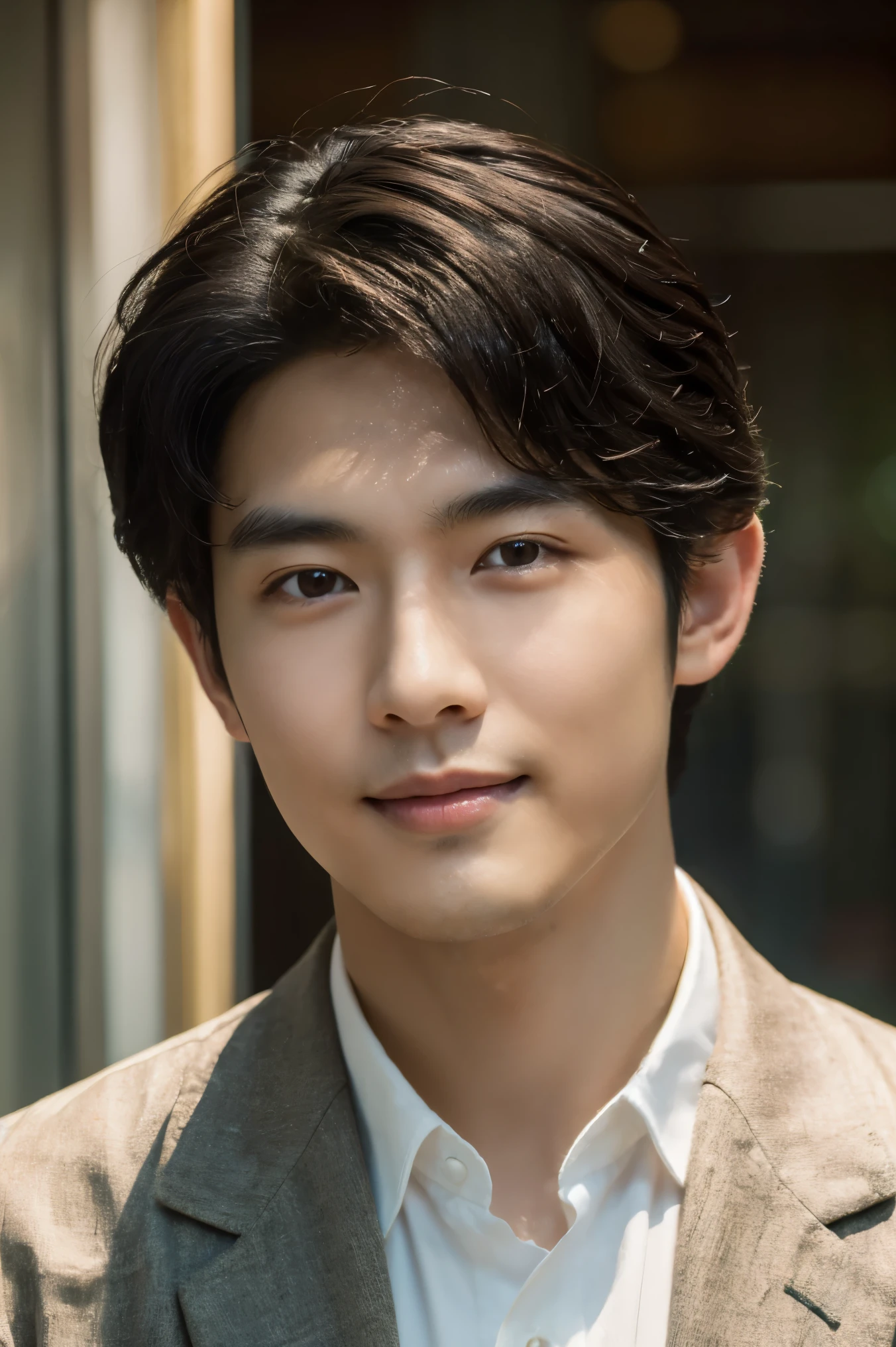  Portrait Photography ，  A handsome young Chinese man  ， 20-year-old head ， Dark brown short hair ， light beard ， Thick eyebrows ，  Deep and expressive eyes  ， nose slightly high ，  Calm and calm spirit  ，  Naturally divided Layered and well-groomed hairstyle  ，  wears a dark suit and black shirt  ， Simple and elegant style ，  The overall image is a bit like a young Liu Dewar  ，   Confident standing   ，  double pockets  ，Smile，  exudes mature confidence  ，  Typical oriental face features  ，  A concise gray gradient background accentuates facial features and three-dimensional details， taken from a flat perspective ，Shallow depth of field，  Rich skin details  ， Indoor shooting  ，  Canon EOS R5 camera  ，  Kodak Eka Tar 100 files  ，Superrealistic ，}  cinematic feel — style raw —s 400—ar 4  :3-v 6   ， women's breast F cup ,Nude only