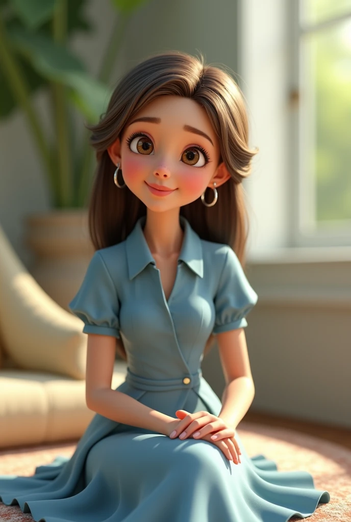  Pixar A delicate woman with straight hair , short, brown, partido para o side, side , pewter hair color ,  shoulder hair size ,  small eyes , Wearing long blue dress,  Collared ,  with short sleeves,   silver sandal high heel ,  earrings small silver rings ,  cheerful and smiling without makeup sitting in the beautiful place