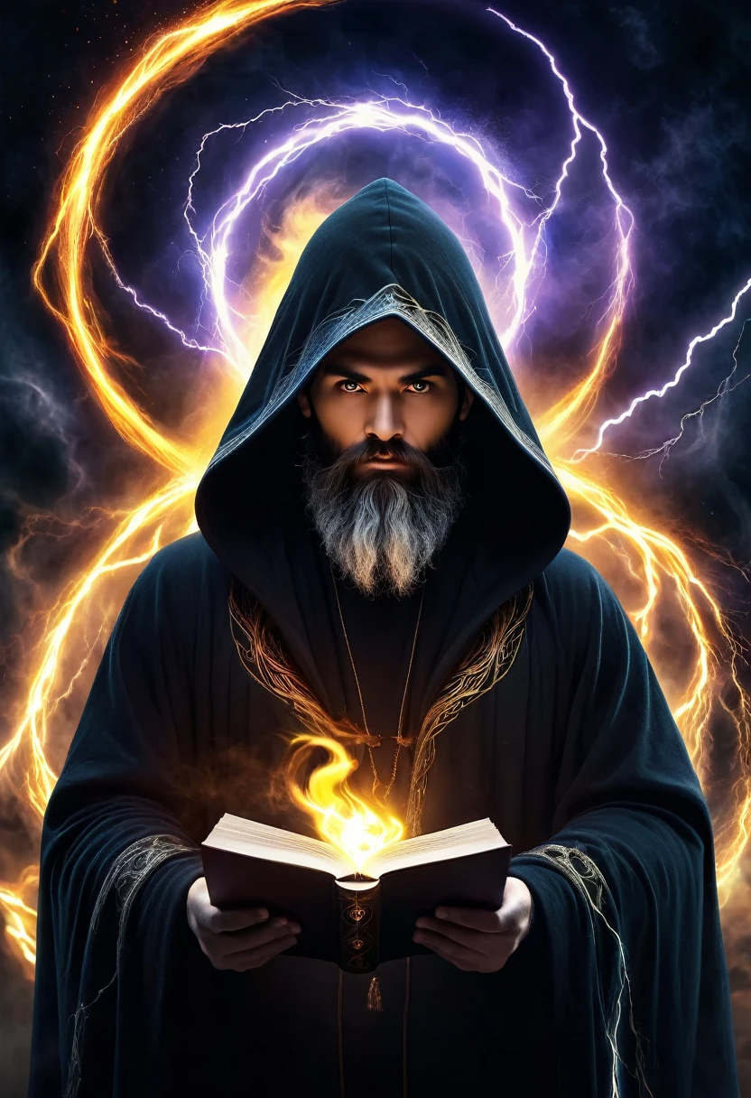 an astrologer , Dark face,  monstrous face , Long Beard,  lightning eyes ,  dark hoodie cloak , dark aura,  opened the book Magi , ethereal,  four mixed elements ,  high resolution photographic art,  digitally manipulated image ,  little ring, Ultra HD, 8k, dramatic light, Ambient,  circular flame background 