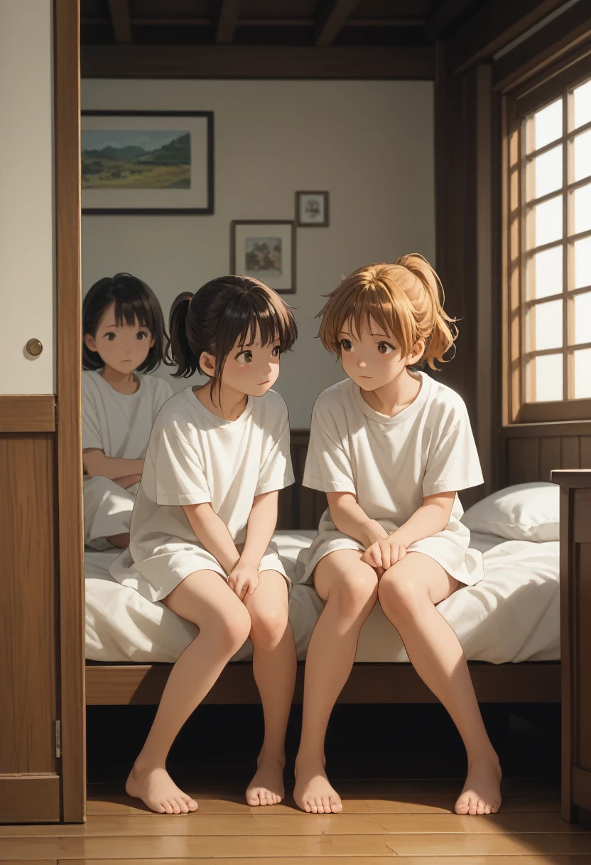 bedroom,4 people, anime picture ,Sisters,Cuddle up,virgin, embarrassed , girl, black hair, black eyes ,
幼い girl, review, Brown Eyes ,Young girl, golden hair , long hair, ponytail, bob cut from the front,
full body, nudes, open legs,Raise one arm,4 people, open legs, stare at each other, I'm not wearing anything ,Nothing attached,Stand side by side,No tie,whole body,All in the same pose,Side by side, tongue,There is no man,