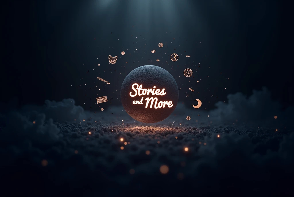 Create the image of The logo in Spanish for 'Stories and more' floats in a dark space full of small particles of light. Around the logo, small flashes appear that draw illustrations of classic stories : a pen that writes , a wolf under the moon , and an old clock marking midnight . The atmosphere is mysterious and magical , With a touch of nostalgia .