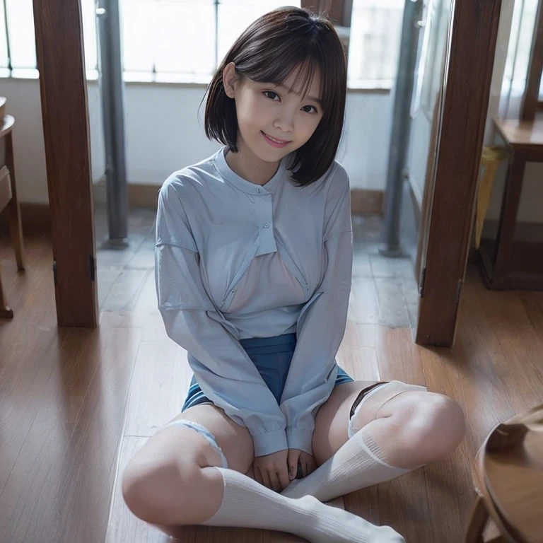 masterpiece、Highest quality、1、Ultra-detailed Black-haired、Blunt bangs Schoolgirl uniform、scarf、Short skirt、Leather shoes {Soft thighs Urinating} On the white floor
