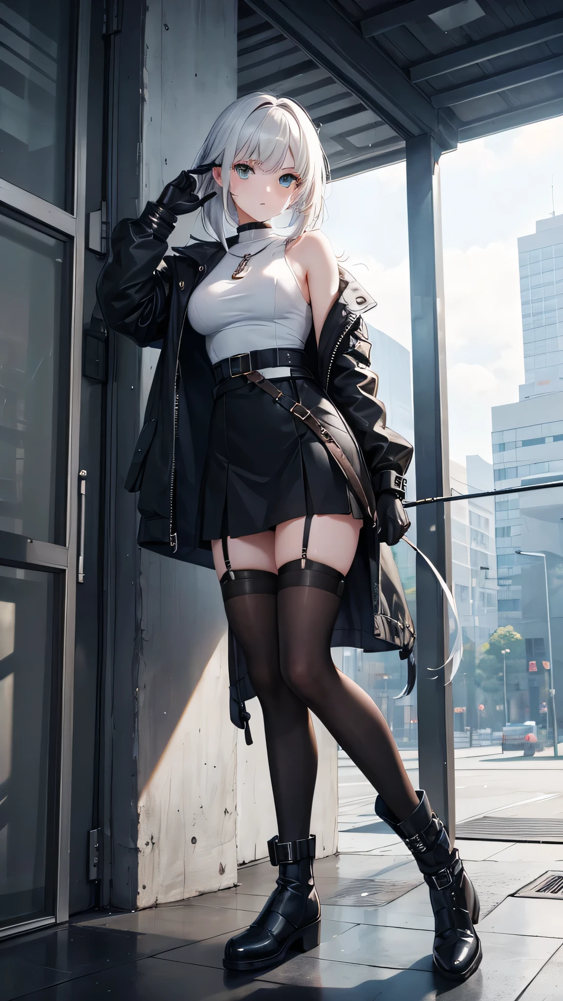 girl portrait photography, realistic, High resolution, 1 female, alone, Upper body, beautiful eyes, Close your lips, detailed face, gray hair, long hair, collared shirt, black tie,black skirt, pencil skirt, fur coat, stockings,(Black lace panties are visible)