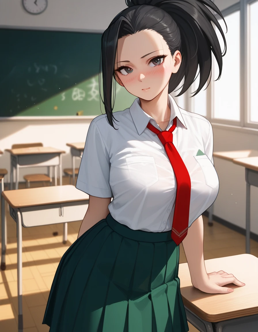 score_6_up, best quality, 1girl, solo, momo, long hair, bangs, black hair, ponytail, high ponytail, wide ponytail, big breasts, blush, looking at viewer, student, grey school uniform, red tie, green skirt, at a classroom 