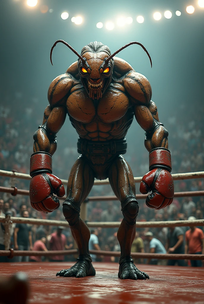 Giant ant with human body, strong muscular body, body with ant skin, standing in the center of the boxing ring, with boxing gloves in his hands, many people in the stands, humanoid