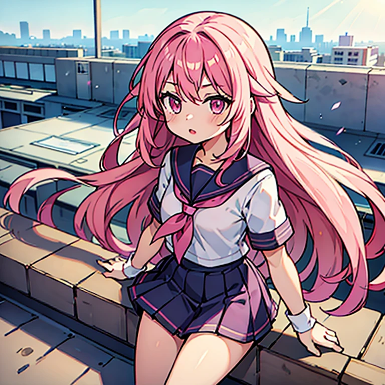 1girl pink hair long hair gradient hair dark pink eyes school uniform school rooftop