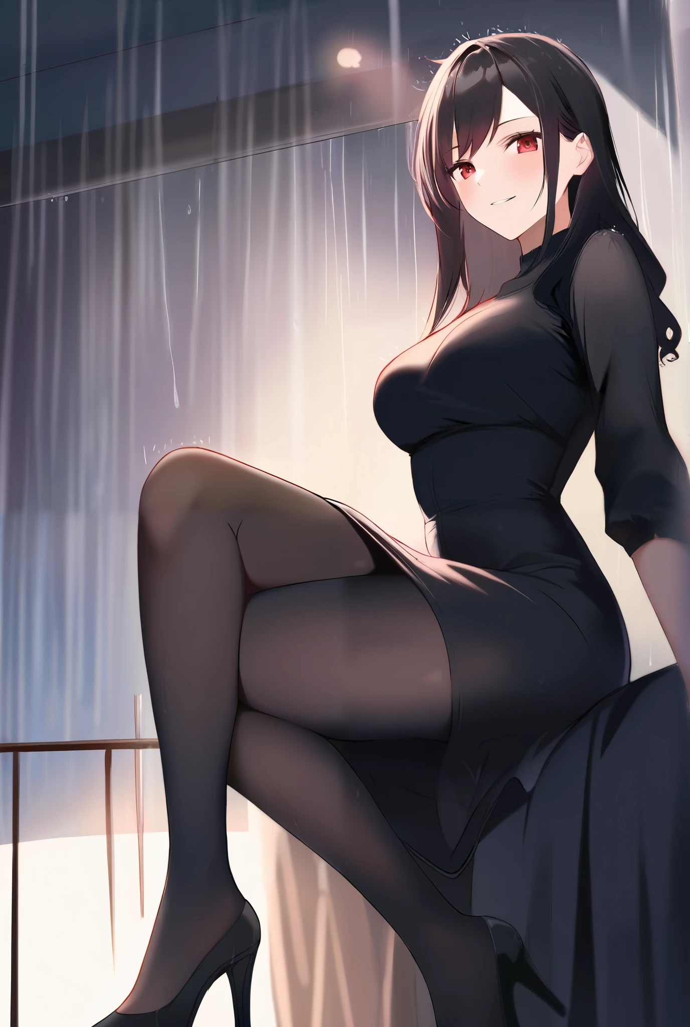 night,rain,An adult female ,, about 21 years old ,Black Hair,Red pupil, black dress , black pantyhose ,High heel,full breasts,, lean down and look ahead, mature smile ,Slender legs,Waist-length hair, Elegant Posture ,, slightly dim lighting , has a bed next to it , Sexy Poses,Height about 170 cm,Slender figure