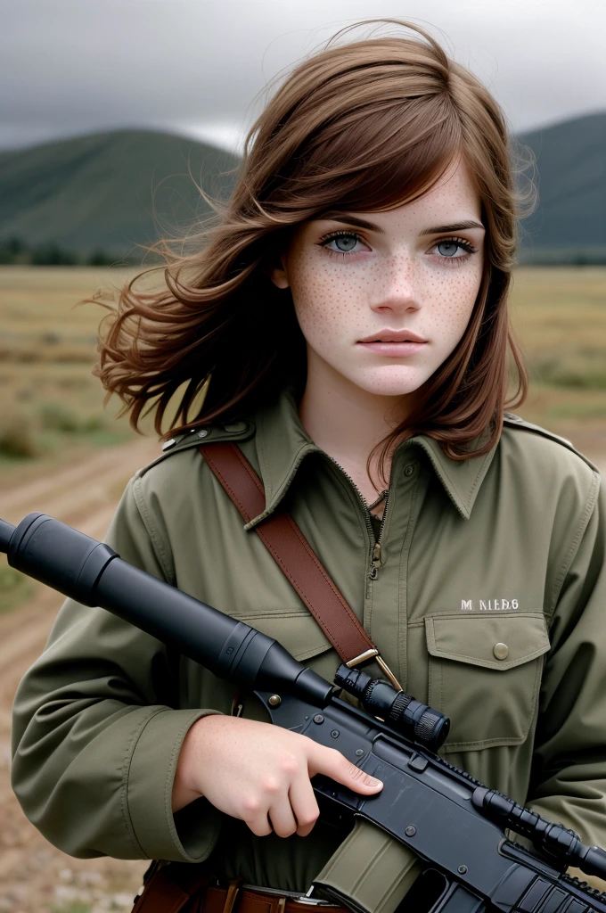  Top Quality , masterpiece, portrait , opt-minianden2000s, freckles,  I had dark maroon hair ,  I'm carrying an M16 rifle .,  wearing a military uniform and helmet in disguise, cloudy, on cloudy battlefield