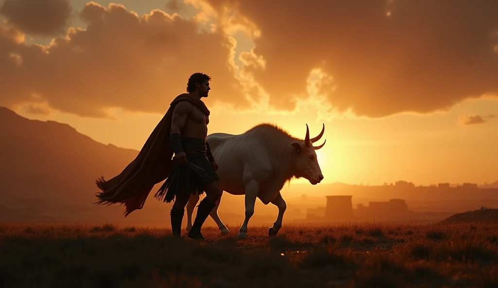 "Hercules begins his journey back to Micenas, leading the radiant white Cretan Bull by a thick rope attached to the iron ring in its nose. The bull walks calmly beside him, its glowing white coat shimmering against the darkening sky as twilight fades into night. Hercules’s figure, silhouetted by the remaining golden light of the horizon, is battered but unbroken, his lion-skin cloak trailing behind him. In the background, the vast, open plains of Crete stretch out, with the distant ruins of battle barely visible. The camera captures a wide-angle shot of Hercules and the bull, emphasizing their silhouettes against the expansive landscape, symbolizing triumph and perseverance. Hyper-realistic, photo realism, and cinematography. A high-contrast cinematic image based on the biblical era, radiating a sense of cinematic realism."