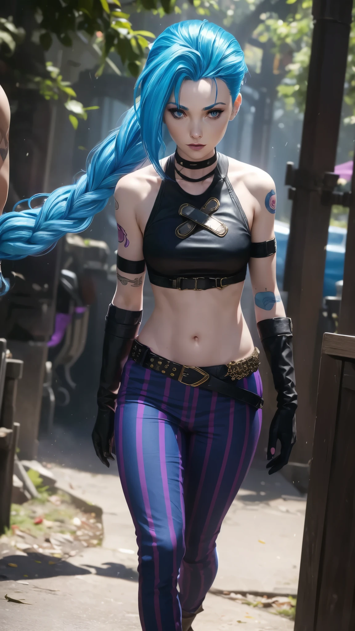 high quality, cosplay jinx,1girl, cosplayer, long hair, blue hair, twin braids, slim figure, parted lips, smiling, beautiful face, (large breasts), cleavage, perfect lips, sagging natural large size breasts, (covered breasts), body mole, Take a photo from below the knees at a face angle, beautiful detailed face, perfect and beautiful double eyelids, aroused, passion, choker, crop top, fingerless gloves, detached sleeves, single sleeve, belt, nail polish, tattoo, pants, boots, striped, perfect hand, (natural lighting:1.1), detailed skin, on the street,