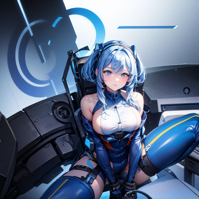 A machine shaped to imitate a woman's upper body　  the penis is straddled between the woman's legs　 blue hair 