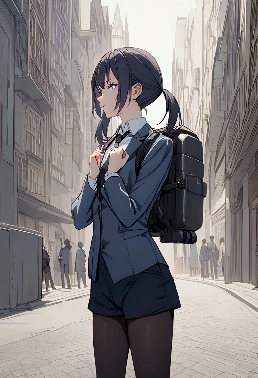 Girl. Short black straight hair with two pigtails. Blue eyes with a depth of suffering. Delicate features. Lips curled into a slight smile. Wearing a dark blue suit with a white shirt and black tie. Dark blue short shorts and black pantyhose. Equipped with dual flamethrowers attatched to her wrists and carries a fuel tank backpack. Standing up straight. Background is a city street.