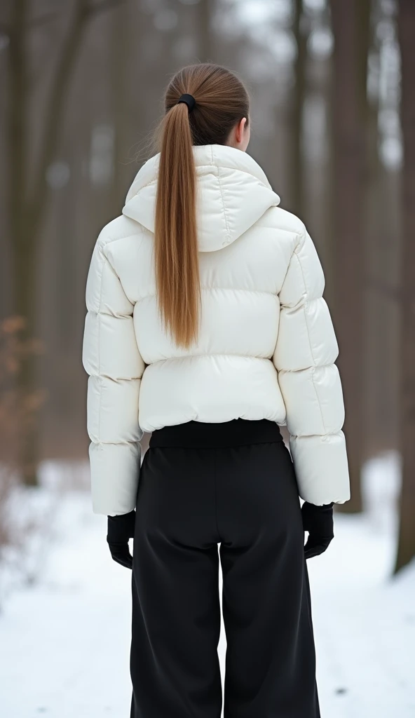Sexy girl with a hair tail , in a very short and thick white puffy jacket, round buttocks in black strict wide pants with a high waist, perfect body, narrow waist , in autumn boots , stands in the winter forest, Back view,