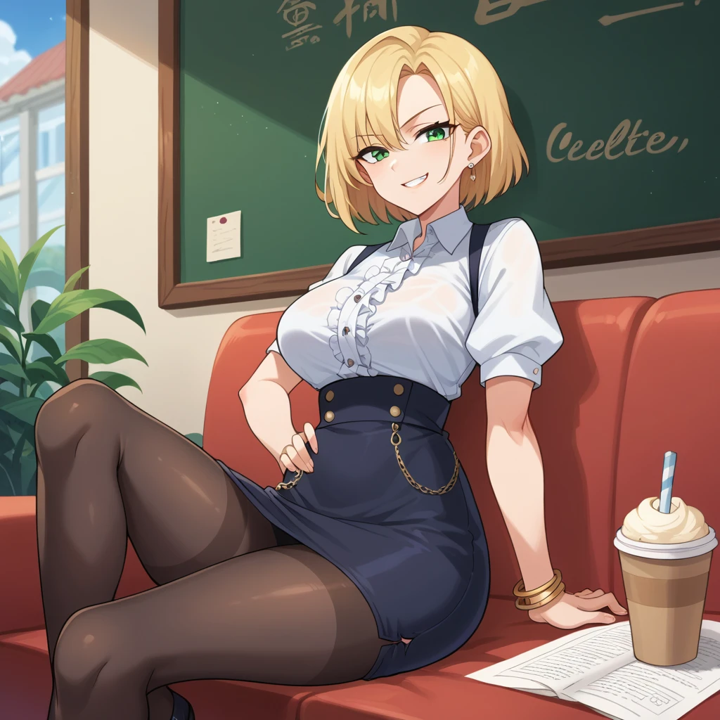 Woman, green eyes, smirk, anime screencap 2d, adult woman, Decollete, , nsfw,  bracelets, handbag , puffy skirt, hair straight , pantyhose Arm on hip, , Sitting on the sofa in a café, pov Date in a café, woman sitting  front the viewer, table 