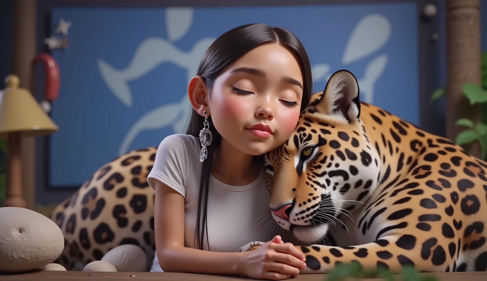 A movie poster in high resolution and in high quality with a girl, Brazilian Indian with black hair, , ****, , age:12, with a white t-shirt without a bra and without a print, hugged, sleeping with her eyes closed with a jaguar.